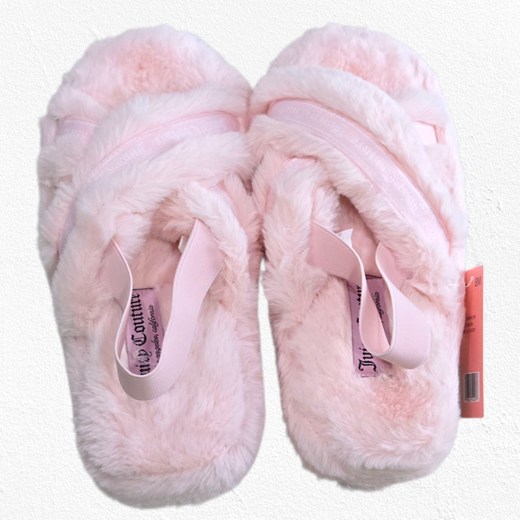 Juicy Couture Pink Faux Fur Slippers Size 8 Crisscross Fluffy Lounge Sandals - Picture 5 of 13